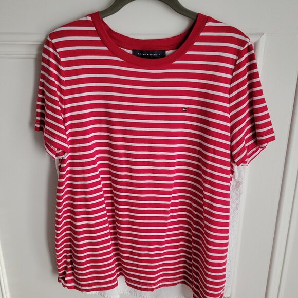 Tommy Hilfiger Womens Medium Back Tee Scarlet Red White Stripe - Picture 1 of 10